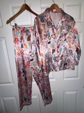 Whimsical Cat Print Satin Pajama Set Pink Ribbon Cats Lounge Set Size S